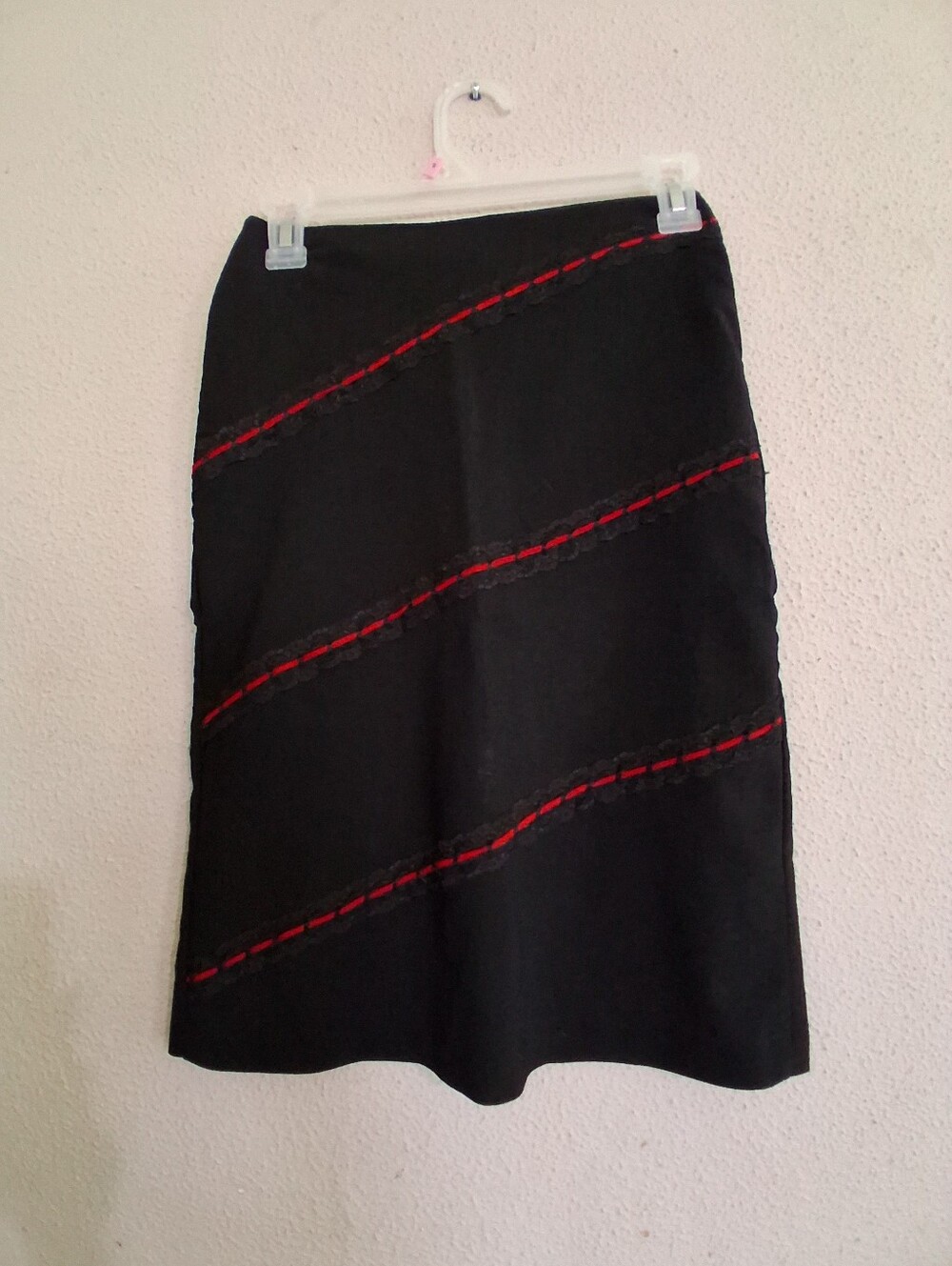Black Midi A-Line Skirt with Red Diagonal Stitching